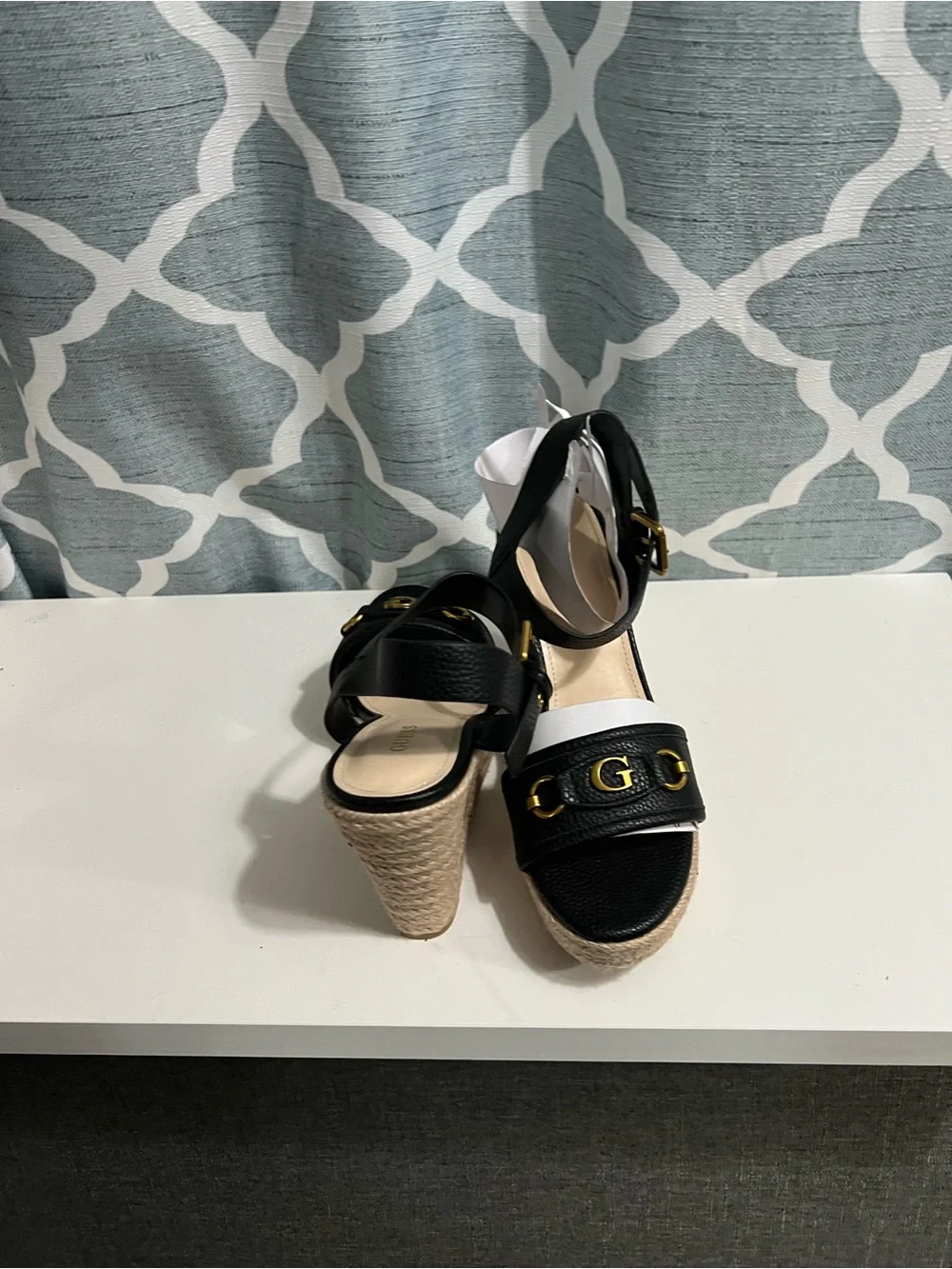Guess Black Espadrille Wedge Sandals with Gold G Logo